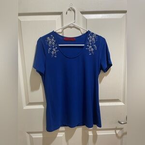 Love Scarlett Royal Blue Rhinestone Floral Shoulder Blouse